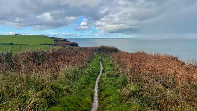 A coastal cliff top path with cloudy skies and views of a calm sea during autumn.